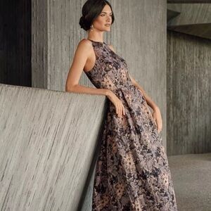 NEW ! JOHNNY WAS Bronze Metallic Jacquard Maxi Dress Sleeveless Pleated Gown